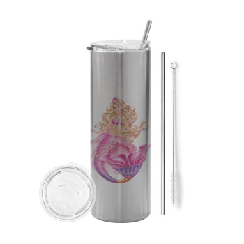 Barbie mermaid , Eco friendly stainless steel Silver tumbler 600ml, with metal straw & cleaning brush