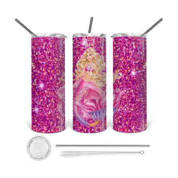 Barbie γοργόνα , Tumbler ποτήρι θερμό από ανοξείδωτο ατσάλι 600ml, με μεταλλικό καλαμάκι & βούρτσα καθαρισμού