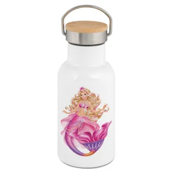 Barbie mermaid , Metallic thermos (Stainless steel) White with wooden lid (bamboo), double-walled, 350ml