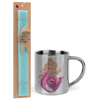 Barbie mermaid , Easter Set, metallic thermal cup (300ml) & aromatic flat Easter candle (30cm) (TURQUOISE)