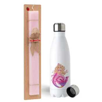 Barbie mermaid , Easter Set, metallic stainless steel water bottle (750ml) & scented flat Easter candle (30cm) (PINK)
