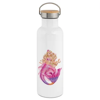 Barbie mermaid , Stainless steel White with wooden lid (bamboo), double wall, 750ml
