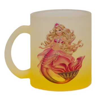 Barbie γοργόνα , Κούπα γυάλινη δίχρωμη με βάση το κίτρινο ματ, 330ml
