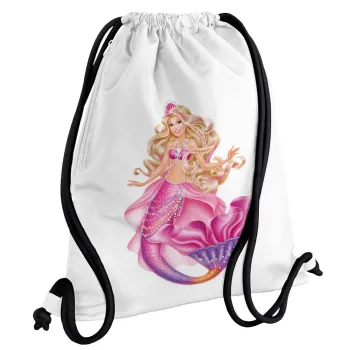 Barbie mermaid , Backpack pouch GYMBAG white, with pocket (40x48cm) & thick cords