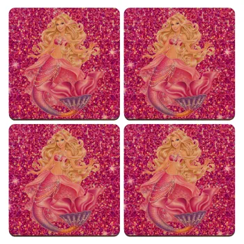 Barbie mermaid , ΣΕΤ x4 Σουβέρ ξύλινα τετράγωνα plywood (9cm)