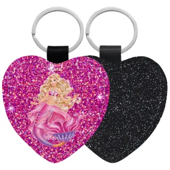 Barbie mermaid , Μπρελόκ PU δερμάτινο glitter καρδιά ΜΑΥΡΟ