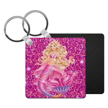 Barbie mermaid , Μπρελόκ Δερματίνη, τετράγωνο ΜΑΥΡΟ (5x5cm)