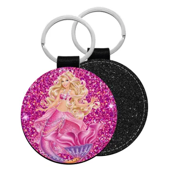 Barbie mermaid , Μπρελόκ Δερματίνη, στρογγυλό ΜΑΥΡΟ (5cm)