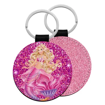 Barbie mermaid , Μπρελόκ Δερματίνη, στρογγυλό ΡΟΖ (5cm)