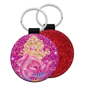 Barbie mermaid , Μπρελόκ Δερματίνη, στρογγυλό ΚΟΚΚΙΝΟ (5cm)