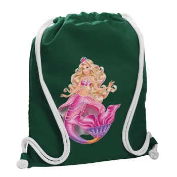 Barbie γοργόνα , Τσάντα πλάτης πουγκί GYMBAG BOTTLE GREEN, με τσέπη (40x48cm) & χονδρά λευκά κορδόνια