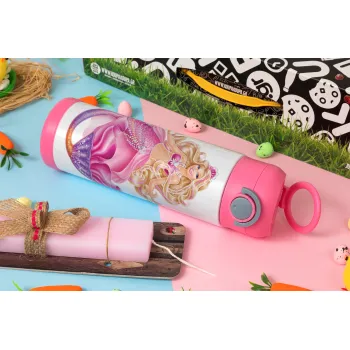 Barbie γοργόνα , Πασχαλινή Λαμπάδα με Παιδικό παγούρι θερμό, ανοξείδωτο, με καλαμάκι ασφαλείας, ΡΟΖ (500ml)