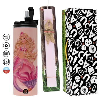 Barbie γοργόνα , Πασχαλινή Λαμπάδα με  ΡΟΖ Travel Tumbler θερμό (600ml, BPA free) & κερί αρωματικό πλακέ (30cm) (ΡΟΖ)