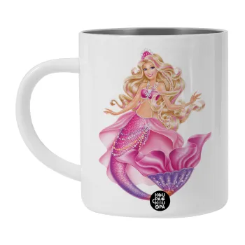 Barbie γοργόνα , Λευκή Ανοξείδωτη Μεταλλική Κούπα 450ml - Διπλού Τοιχώματος 