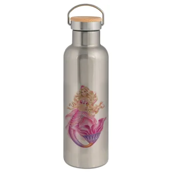 Barbie γοργόνα , Μεταλλικό παγούρι θερμός (Stainless steel) Ασημένιο με ξύλινο καπακι (bamboo), διπλού τοιχώματος, 750ml