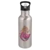 Water bottle Silver with straw, stainless steel 600ml