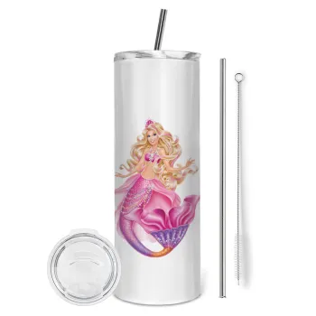Barbie γοργόνα , Tumbler ποτήρι θερμό από ανοξείδωτο ατσάλι 600ml, με μεταλλικό καλαμάκι & βούρτσα καθαρισμού