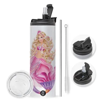 Barbie mermaid , Travel Tumbler 2 Lids, with metal straw & cleaning brush (Stainless steel 304 Food grade, BPA free, 600ml)