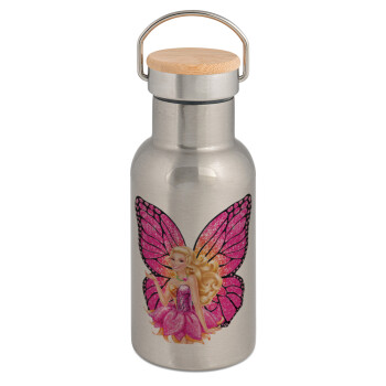 A fairy Barbie, Stainless steel metallic thermos flask, silver with a bamboo lid, double-walled, 350ml.
