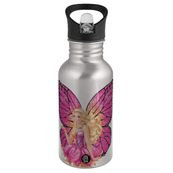 A fairy Barbie, Water bottle Silver with straw, stainless steel 500ml