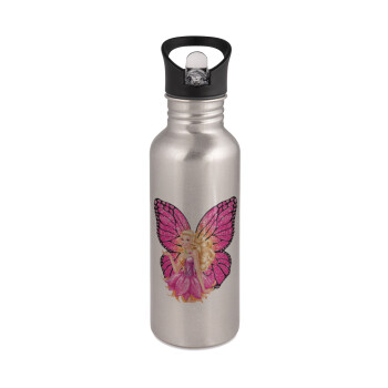 A fairy Barbie, Water bottle Silver with straw, stainless steel 600ml