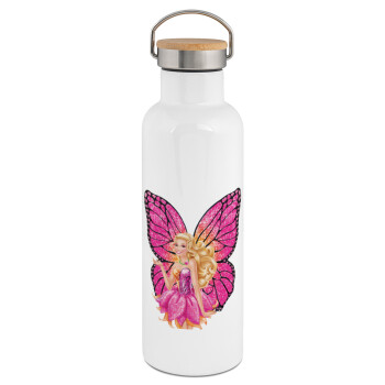 Barbie Νεράιδα, Μεταλλικό παγούρι θερμός (Stainless steel) Λευκό με ξύλινο καπάκι (bamboo), διπλού τοιχώματος, 750ml