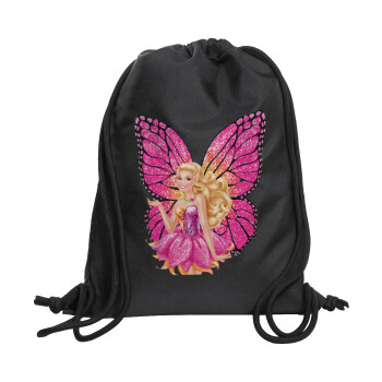 Barbie Νεράιδα, Τσάντα πλάτης πουγκί GYMBAG Μαύρη, με τσέπη (40x48cm) & χονδρά κορδόνια
