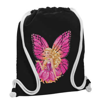 Barbie Νεράιδα, Τσάντα πλάτης πουγκί GYMBAG Μαύρη, με τσέπη (40x48cm) & χονδρά λευκά κορδόνια