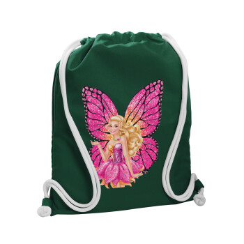 Barbie Νεράιδα, Τσάντα πλάτης πουγκί GYMBAG BOTTLE GREEN, με τσέπη (40x48cm) & χονδρά λευκά κορδόνια