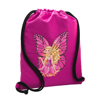 A fairy Barbie, Τσάντα πλάτης πουγκί GYMBAG Φούξια, με τσέπη (40x48cm) & χονδρά κορδόνια