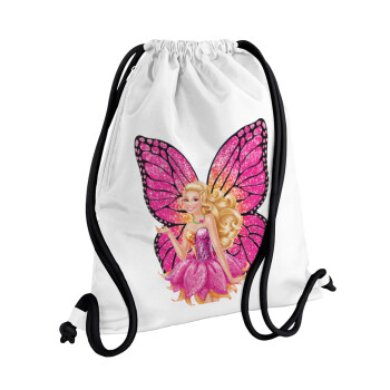 Barbie Νεράιδα, Τσάντα πλάτης πουγκί GYMBAG λευκή, με τσέπη (40x48cm) & χονδρά κορδόνια