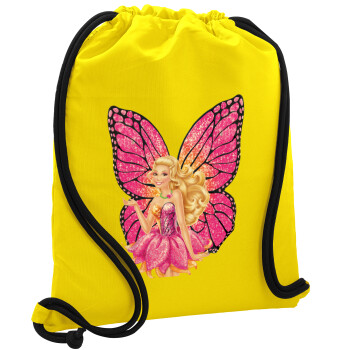 A fairy Barbie, Τσάντα πλάτης πουγκί GYMBAG Κίτρινη, με τσέπη (40x48cm) & χονδρά κορδόνια