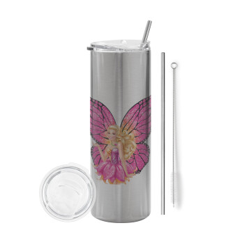 A fairy Barbie, Eco friendly stainless steel Silver tumbler 600ml, with metal straw & cleaning brush