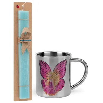 A fairy Barbie, Easter Set, metallic thermal cup (300ml) & aromatic flat Easter candle (30cm) (TURQUOISE)