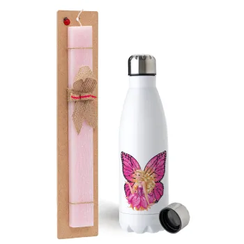 A fairy Barbie, Easter Set, metallic stainless steel water bottle (750ml) & scented flat Easter candle (30cm) (PINK)