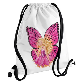 Barbie Νεράιδα, Τσάντα πλάτης πουγκί GYMBAG λευκή, με τσέπη (40x48cm) & χονδρά κορδόνια