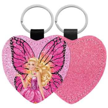 A fairy Barbie, Μπρελόκ PU δερμάτινο glitter καρδιά ΡΟΖ