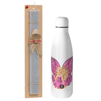 Barbie Νεράιδα, Πασχαλινή Λαμπάδα με μεταλλικό παγούρι θερμός ανοξείδωτο (500ml) & κερί αρωματικό πλακέ (30cm) (ΓΚΡΙ)