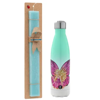 A fairy Barbie, Easter Set, Metallic green/white thermos (Stainless steel), double-walled, 500ml & scented flat Easter candle (30cm) (TURQUOISE)