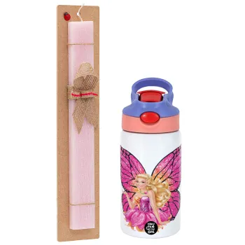 A fairy Barbie, Easter Set, Children's thermal stainless steel water bottle with safety straw, pink/purple (350ml) & Easter scented flat candle (30cm) (PINK)