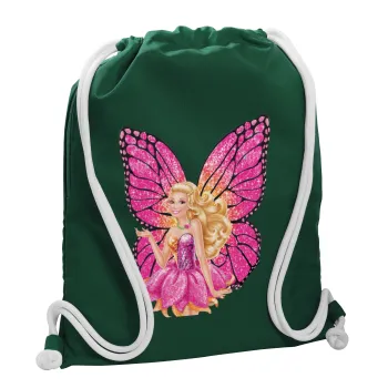 Barbie Νεράιδα, Τσάντα πλάτης πουγκί GYMBAG BOTTLE GREEN, με τσέπη (40x48cm) & χονδρά λευκά κορδόνια