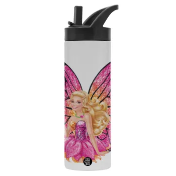 Barbie Νεράιδα, Μεταλλικό παγούρι θερμός με καλαμάκι & χειρολαβή, ανοξείδωτο ατσάλι (Stainless steel 304), διπλού τοιχώματος, 600ml