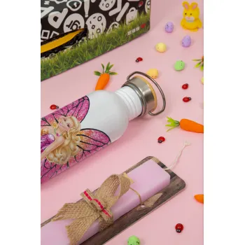 A fairy Barbie, Easter Set, SS Metallic water bottle (620ml, stainless steel) & scented flat Easter candle (30cm) (PINK)