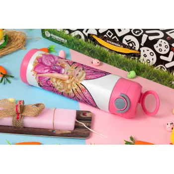 Barbie Νεράιδα, Πασχαλινή Λαμπάδα με Παιδικό παγούρι θερμό, ανοξείδωτο, με καλαμάκι ασφαλείας, ΡΟΖ (500ml)