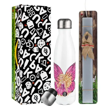 Barbie Νεράιδα, Πασχαλινή Λαμπάδα με μεταλλικό παγούρι θερμός λευκός (500ml) & λαμπάδα αρωματική πλακέ (30cm) (ΓΚΡΙ)