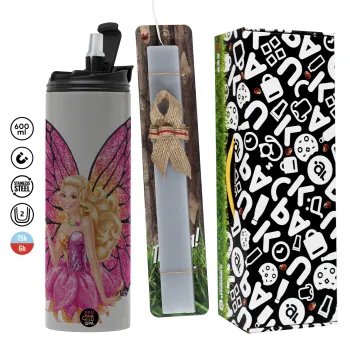 Barbie Νεράιδα, Πασχαλινή Λαμπάδα με Travel Tumbler θερμό (600ml, BPA free) & κερί αρωματικό πλακέ (30cm) (ΓΚΡΙ)