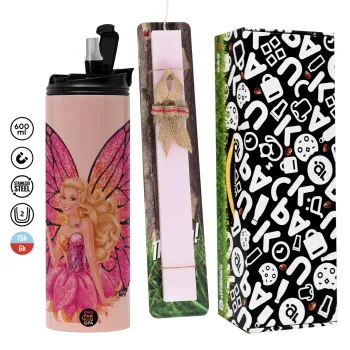 Barbie Νεράιδα, Πασχαλινή Λαμπάδα με  ΡΟΖ Travel Tumbler θερμό (600ml, BPA free) & κερί αρωματικό πλακέ (30cm) (ΡΟΖ)