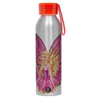 Barbie Νεράιδα, Αλουμινένιο Αθλητικό Μπουκάλι 650ml – Ασημί με Κόκκινο Καπάκι και Λουράκι Σιλικόνης