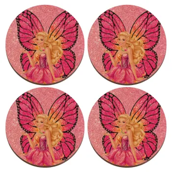 A fairy Barbie, ΣΕΤ x4 Σουβέρ ξύλινα στρογγυλά plywood (9cm)