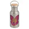 Stainless steel metallic thermos flask, silver with a bamboo lid, double-walled, 350ml.